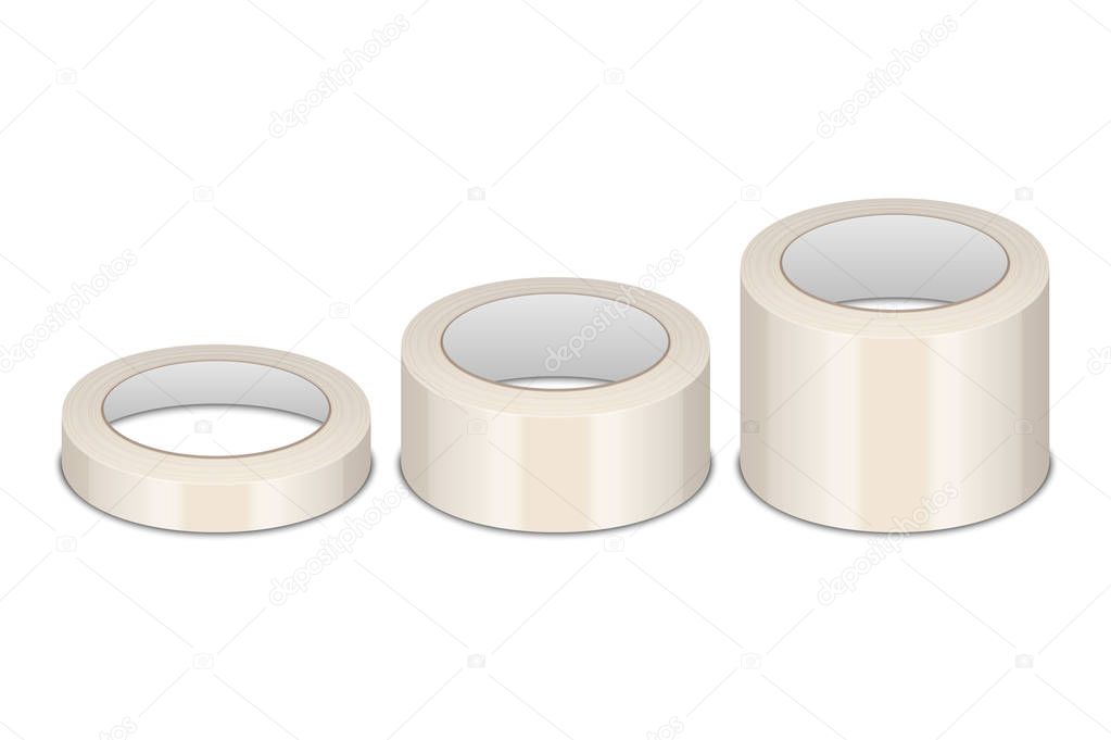 Vector Realistic 3d GlossyTape Roll Different Size - Small, Medium, Big - Set or Mock-up Closeup Isolated. Design Template of Packaging Sticky Tape Roll or Adhesive Tape for Mockup. Front View.