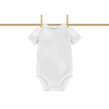 Vektör gerçekçi beyaz boş bebek elbise şablonu, beyaz arka plan üzerinde izole giyim Peg Closeup iple asılı Mock-up. Vücut çocuk, bebek gömlek, Onesie. Aksesuarlar, yeni doğan lothes