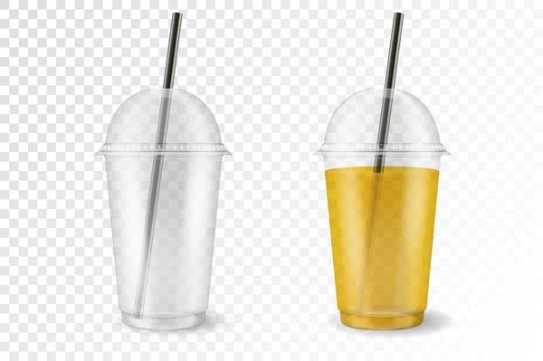 Vektor realistischen 3D-Kunststoff Einweg transparente Tasse mit Rohr-Symbol-Set Nahaufnahme isoliert. Becher mit Bio-Fruchtshake, Cocktail. vegetarische gesunde natürliche Kost. Design-Vorlage für Verpackungs-Attrappen — Stockvektor