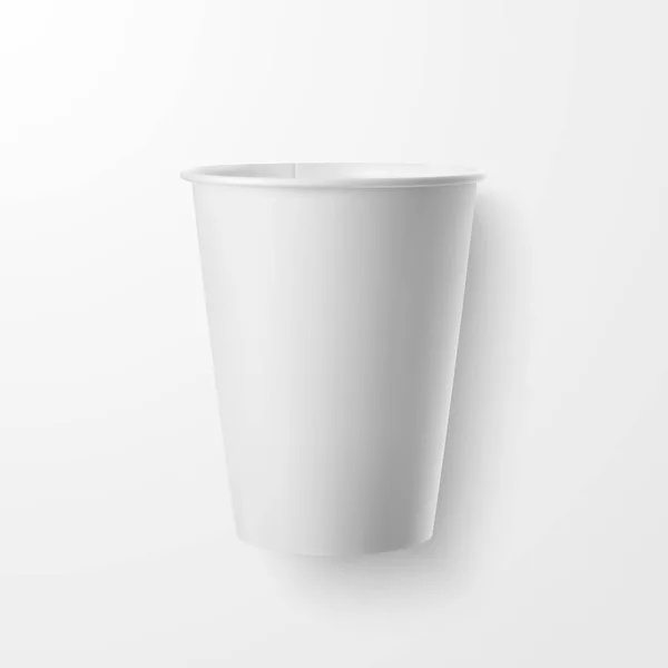 Vektor valósághű 3D-s fehér papír eldobható pohár ikon Vértes elszigetelt fehér Background. Tervezősablon papír bögre, képek, makett, csomagolás. Szemközti nézet — Stock Vector