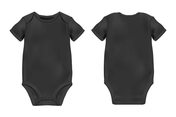 矢量逼真的黑色黑色婴儿紧身衣模板, 在白色背景隔离的模拟特写镜头。正面和背面。身体的孩子, 婴儿衬衫, 一个。配件, 给新生儿穿的衣服。顶视图 — 图库矢量图片