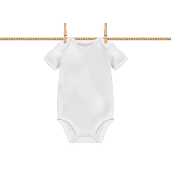 Modello realistico di tuta da bambino bianca bianca vettoriale, finto appeso su corda con Clothes Peg Closeup isolato su sfondo bianco. Bambini del corpo, Camicia, Onesie. Accessori, abbigliamento per neonati — Vettoriale Stock