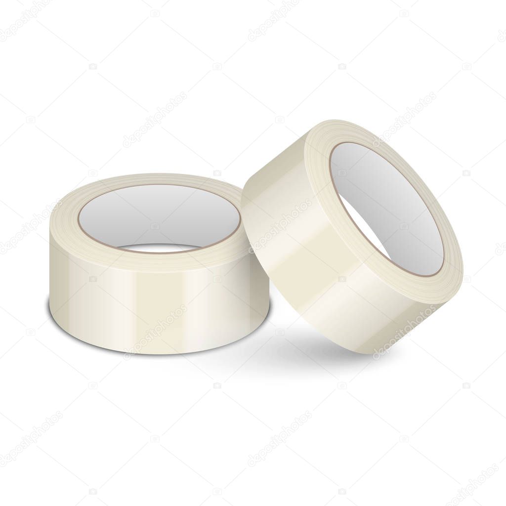 Vector Realistic Beige 3d Glossy Tape Roll Template for Logo, Print, Mock-up Set Closeup Isolated on White Background. Design Template of Packaging Sticky Tape Roll or Adhesive Tape for Mockup.