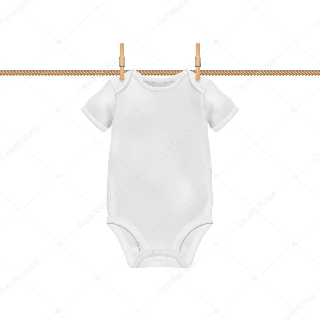 Vector Realistic White Blank Baby Bodysuit Template, Mock-up Hanging on Rope with Clothes Peg Closeup Isolated on White Background. Body Children, Baby Shirt, Onesie. Accessories, lothes for Newborns