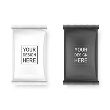 Vektör gerçekçi 3d beyaz ve siyah ıslak mendil paketi Icon Set beyaz arka plan üzerinde izole kapatmak. Peçeteler, kozmetik, gıda, ürün veya diğer ambalaj Mockup için tasarım şablonu. Üstten görünüm