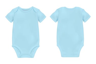 Gerçekçi mavi boş bebek elbise şablonu, beyaz arka plan üzerinde izole tasarlamak tatlı vektör. Ön ve arka tarafı. Vücut çocuk, bebek gömlek, onesie. Aksesuarları, giyim yeni doğan. Üstten görünüm