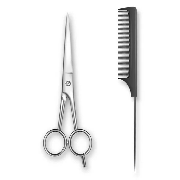 Vector Realistic Classic Simple Scissors Black Plastic Hairdresser Comb Icon — стоковый вектор