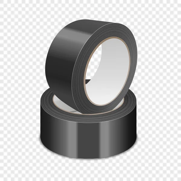 Plantilla de rollo de cinta brillante negro realista vectorial 3d para logotipo, impresión, falso conjunto de primer plano aislado sobre fondo transparente. Plantilla de diseño de embalaje Rollo de cinta adhesiva o cinta adhesiva para burla — Vector de stock