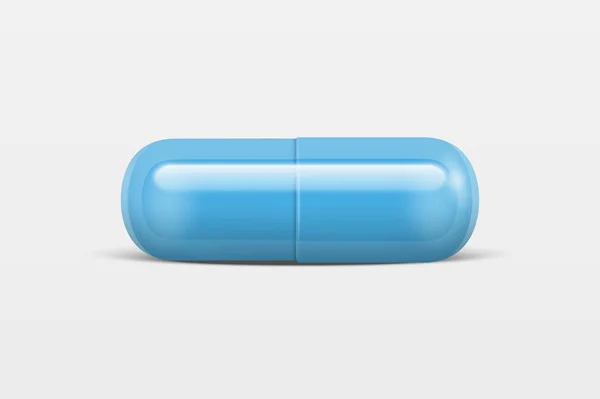 Vector 3D-realistische blauwe medische pil pictogram close-up geïsoleerd op een witte achtergrond. Ontwerpsjabloon van pillen, Capsules voor graphics, Mockup. Medisch en gezondheidszorg Concept. Vooraanzicht — Stockvector