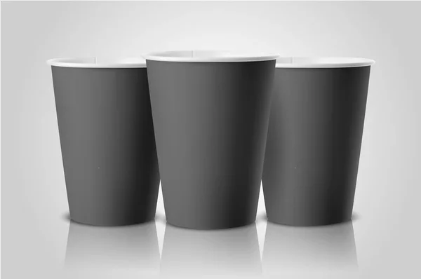 Vector realista 3d papel negro taza desechable conjunto primer plano aislado sobre fondo blanco. Plantilla de diseño de taza de papel para gráficos, maquetas, envases. Vista frontal — Archivo Imágenes Vectoriales