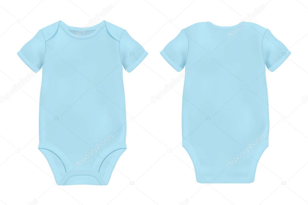 Vector Realistic Blue Blank Baby Bodysuit Template, Mock-up Closeup Isolated on White Background. Front and Back Side. Body children, baby shirt, onesie. Accessories, clothes for newborns. Top view