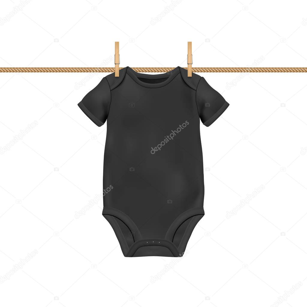 Vector Realistic Black Blank Baby Bodysuit Template, Mock-up Hanging on Rope with Clothes Peg Closeup Isolated on White Background. Body Children, Baby Shirt, Onesie. Accessories, lothes for Newborns