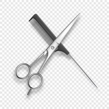 Gerçekçi 3d klasik basit makas ve siyah plastik Kuaför s tarak simge vektör Salon, berber, üzerinde beyaz izole Mock-up Closeup için. Tasarım şablonunu Mockup için saç tarak. Üstten görünüm