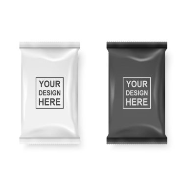 Vektör gerçekçi 3d beyaz ve siyah ıslak mendil paketi Icon Set beyaz arka plan üzerinde izole kapatmak. Peçeteler, kozmetik, gıda, ürün veya diğer ambalaj Mockup için tasarım şablonu. Üstten görünüm