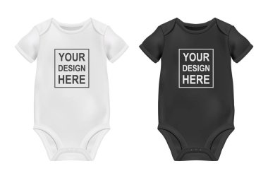 Vector Realistic White and Black Blank Baby Bodysuit Template, Mock-up Closeup Isolated on White. Front and Back Side. Body children, baby shirt, onesie. Accessories, clothes for newborns. Top view clipart