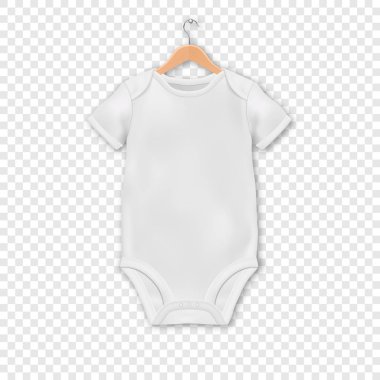 Vector Realistic White Blank Baby Bodysuit Template, Mock-up Hanging on a Hanger Closeup Isolated on Transparent Background. Body Children, Baby Shirt, Onesie. Accessories, lothes for Newborns clipart