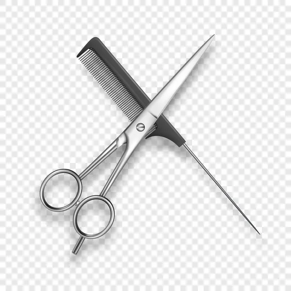 Vector Realistic 3d Classic Simple Scissors and Black Plastic Hairdresser 's Comb Icon for Salon, Barbershop, Mock-up Closeup Isolated on White. Design Template of Hair Comb for Mockup. Вид сверху — стоковый вектор