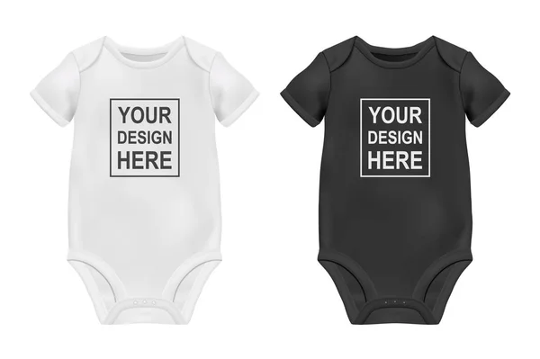 ベクトルの現実的な白と黒の空白赤ちゃんボディー スーツ テンプレート、白で隔離モックアップのクローズ アップ。前面と背面側。子供、赤ちゃんのシャツ、onesie を体します。アクセサリー、新生児のための衣服。トップ ビュー — ストックベクタ
