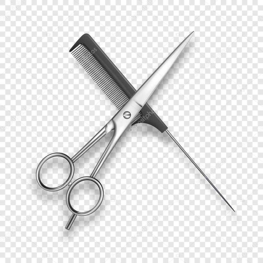 Vector Realistic 3d Classic Simple Scissors and Black Plastic Hairdresser s Comb Icon for Salon, Barbershop, Mock-up Closeup Isolated on White. Design Template of Hair Comb for Mockup. Top View