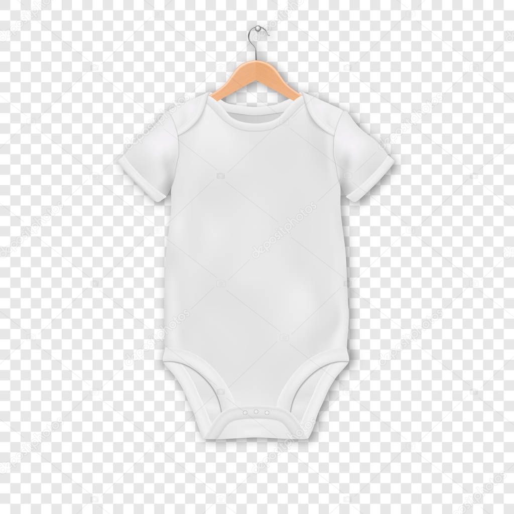 Vector Realistic White Blank Baby Bodysuit Template, Mock-up Hanging on a Hanger Closeup Isolated on Transparent Background. Body Children, Baby Shirt, Onesie. Accessories, lothes for Newborns