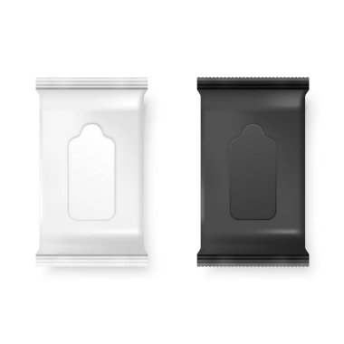 Vektör gerçekçi 3d beyaz ve siyah ıslak mendil paketi Icon Set beyaz arka plan üzerinde izole kapatmak. Peçeteler, kozmetik, gıda, ürün veya diğer ambalaj Mockup için tasarım şablonu. Üstten görünüm