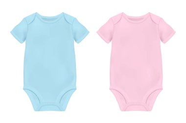 Gerçekçi mavi ve pembe boş bebek elbise şablonu, üzerinde beyaz izole Mock-up Closeup vektör. Ön ve arka tarafı. Vücut çocuk, bebek gömlek, onesie. Aksesuarları, giyim yeni doğan. Üstten görünüm