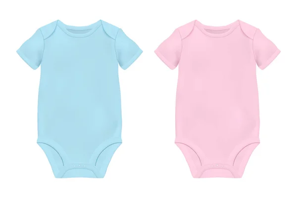 Plantilla de traje de bebé en blanco azul y rosa realista vectorial, primer plano simulado aislado en blanco. Lado delantero y trasero. Niños del cuerpo, camisa de bebé, uno. Accesorios, ropa para recién nacidos. Vista superior — Archivo Imágenes Vectoriales