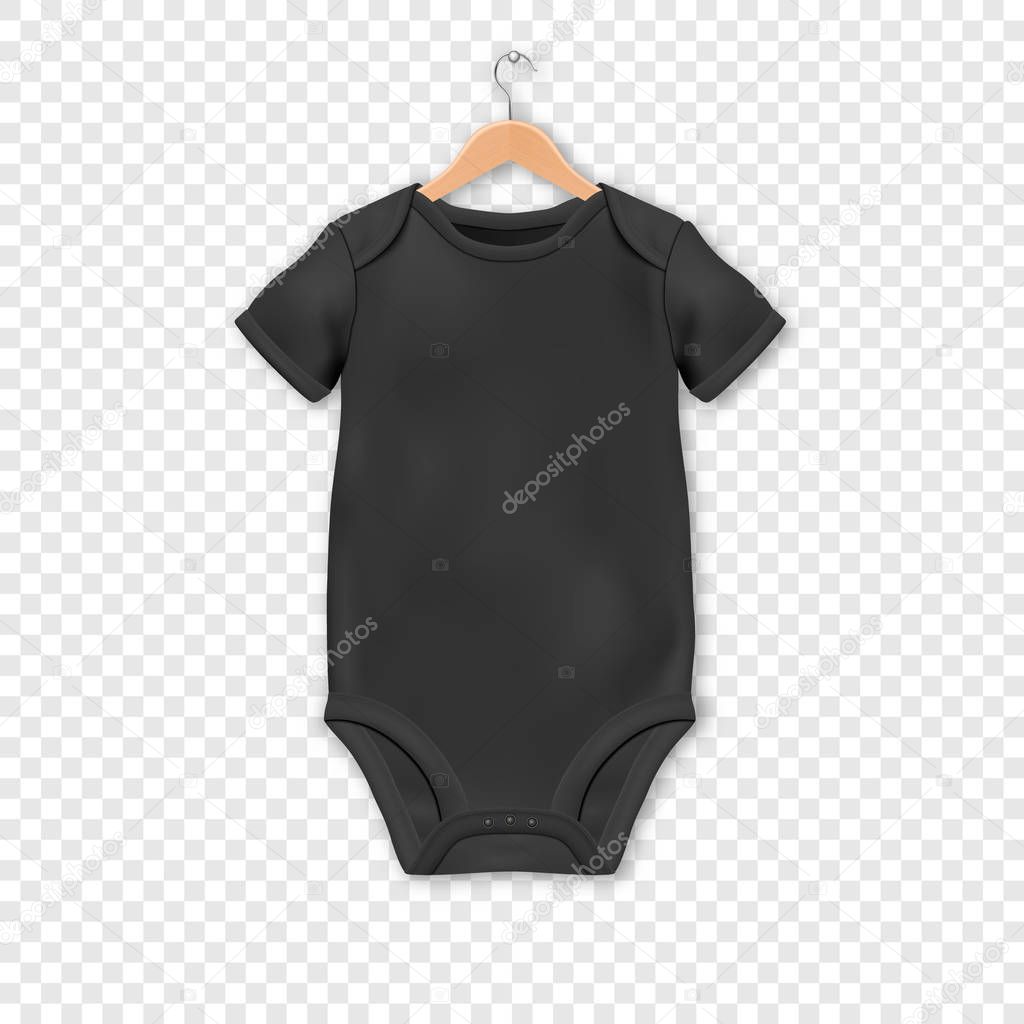 Vector Realistic Black Blank Baby Bodysuit Template, Mock-up Hanging on a Hanger Closeup Isolated on Transparent Background. Body Children, Baby Shirt, Onesie. Accessories, lothes for Newborns