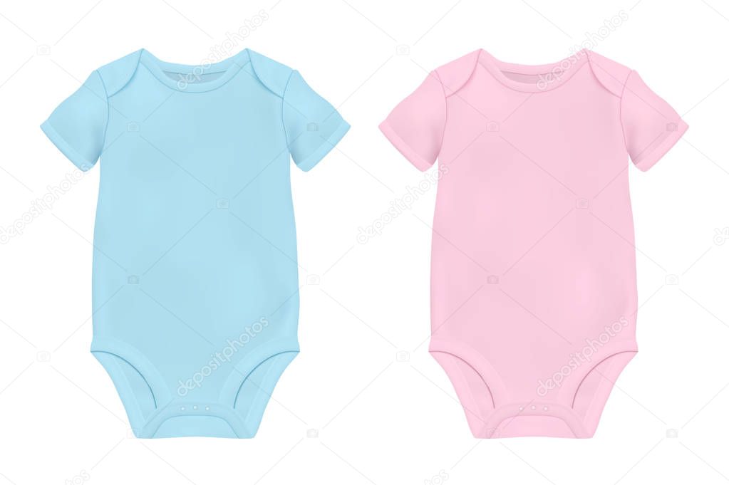Vector Realistic Blue and Pink Blank Baby Bodysuit Template, Mock-up Closeup Isolated on White. Front and Back Side. Body children, baby shirt, onesie. Accessories, clothes for newborns. Top view.