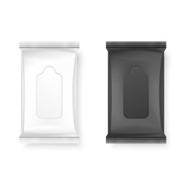 Vektör gerçekçi 3d beyaz ve siyah ıslak mendil paketi Icon Set beyaz arka plan üzerinde izole kapatmak. Peçeteler, kozmetik, gıda, ürün veya diğer ambalaj Mockup için tasarım şablonu. Üstten görünüm