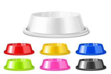 Gerçekçi 3d renkli boş plastik veya Metal evde beslenen hayvan kase simge seti, beyaz arka plan üzerinde izole tasarlamak tatlı vektör. Kase için evcil hayvan, kedi, hayvan yemi için Mockup tasarım şablonu. Önden görünüm