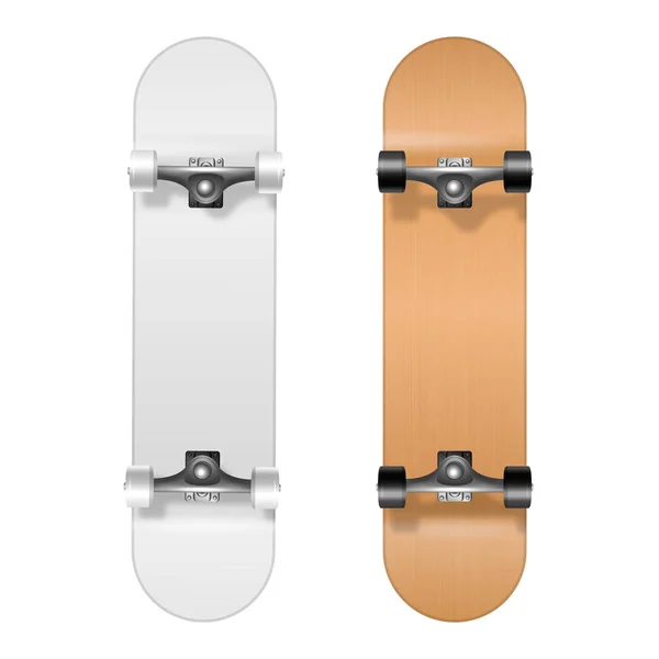 Skateboarding. Vector Realistic 3d White and Wooden Blank Skateboard Icon Set Closeup Isolated on White Background. Design Template of Skate Board Showing the Bottom for Mockup. Top view — Stock Vector