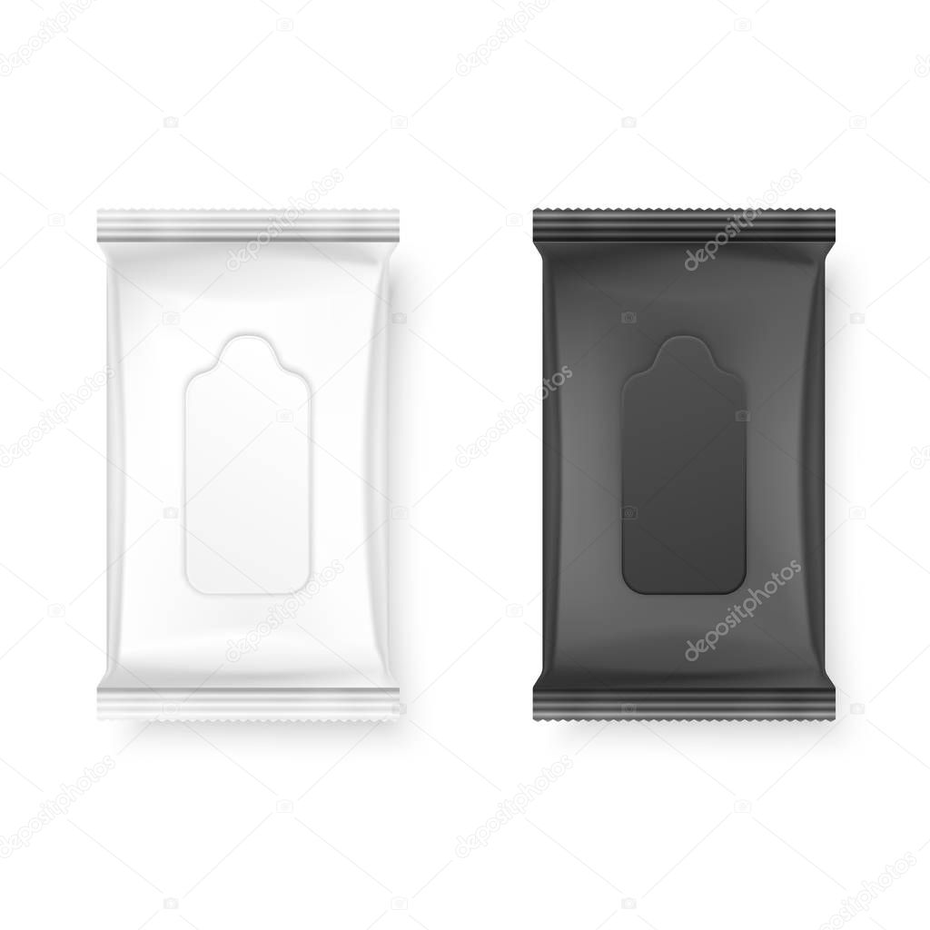 Vector Realistic 3d White and Black Wet Wipes Package Icon Set Closeup Isolated on White Background. Design Template of Napkins, Cosmetic, Food, Product or Other Packaging for Mockup. Top view