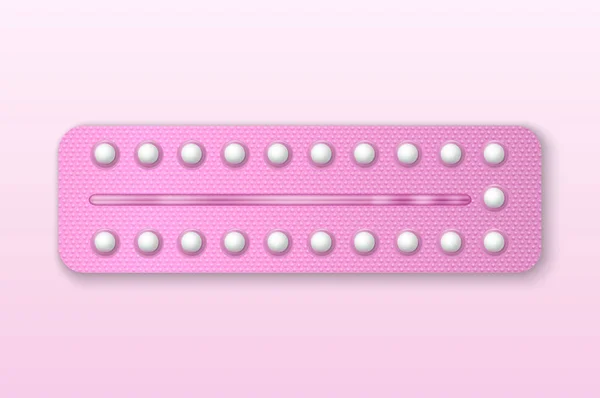 Vector Realistic Pink Packaging of Birth Control Pills in Blister Closeup Aislado. Píldora anticonceptiva, tabletas hormonales. Plantilla de Diseño de Drogas para Mujeres para Burla. Planificación del embarazo. Vista superior — Archivo Imágenes Vectoriales