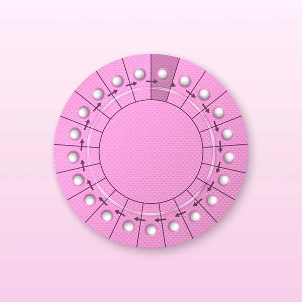 Vector Realistic Pink Packaging of Birth Control Pills in Blister Closeup Aislado. Píldora anticonceptiva, tabletas hormonales. Plantilla de Diseño de Drogas para Mujeres para Burla. Planificación del embarazo. Vista superior — Archivo Imágenes Vectoriales