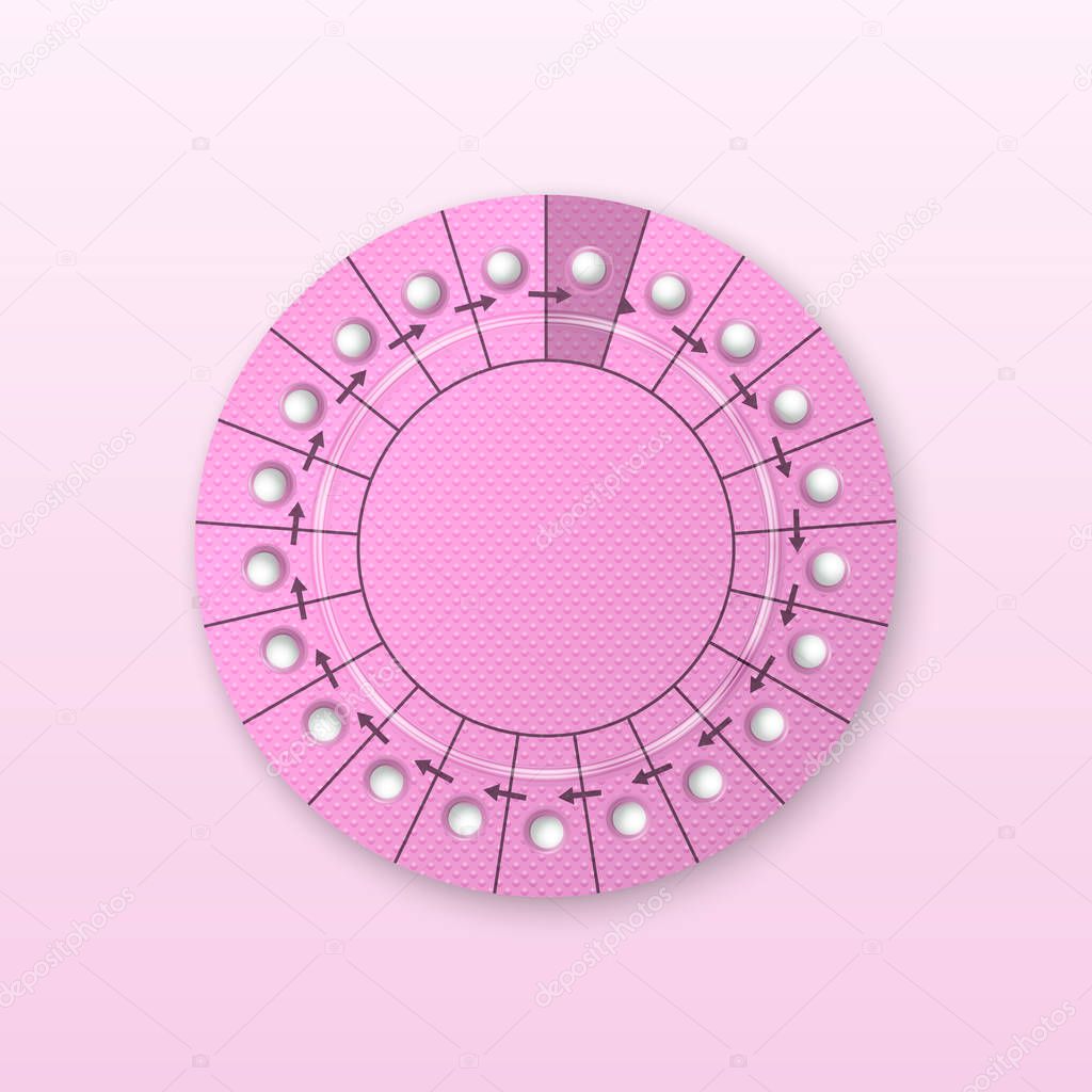 Vector Realistic Pink Packaging of Birth Control Pills in Blister Closeup Isolated. Contraceptive Pill, Hormonal Tablets. Design Template of Women Drugs for Mockup. Planning Pregnancy. Top View