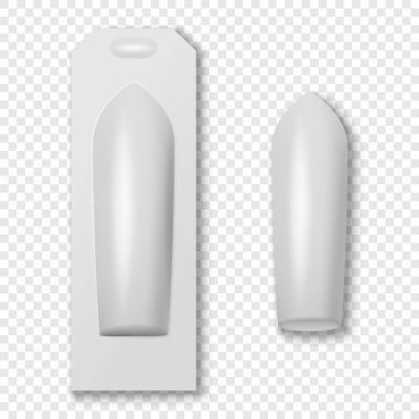 Vektör gerçekçi beyaz tıbbi fitil Blister Closeup izole içinde. Ambalaj kontraseptif, vajinal, Anal mumlar. Mockup tasarım şablonu. Terapi, tedavi, kadın sağlığı. Üstten görünüm