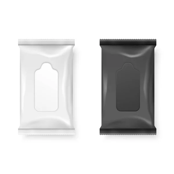 Vektor realistische 3d weiße und schwarze Feuchttücher Paket Icon Set Nahaufnahme isoliert auf weißem Hintergrund. Design-Vorlage für Servietten, Kosmetik, Lebensmittel, Produkte oder andere Verpackungen für Mockups. Ansicht von oben — Stockvektor