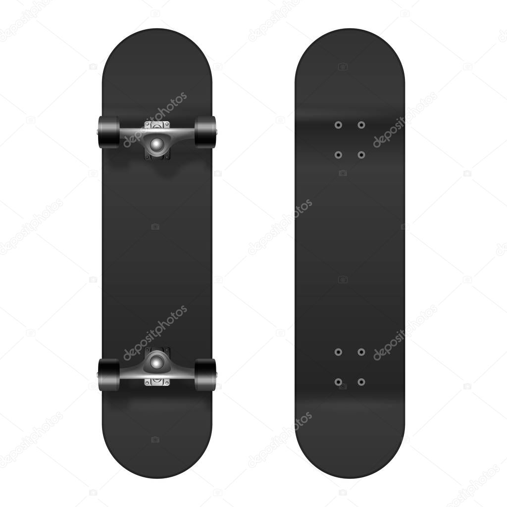 Skateboarding. Vector Realistic 3d Black Blank Skateboard Icon Set Closeup Isolated on White Background. Design Template of Skate Board Showing the Top and Bottom for Mockup. Top view