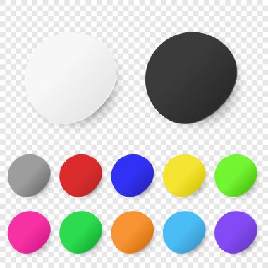 Vektör gerçekçi 3d yuvarlak yapışkanlı renkli boş kağıt etiket simgesini şeffaf arka plan üzerinde izole kapatmak ayarlayın. Tasarım şablonu, Kağıt çemberin Mockup, Fiyat etiketleri, Etiketler için