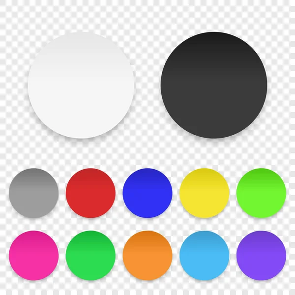 Vektorové realistické 3d kulatý samolepící barevné prázdný papír nálepka sada ikon Closeup izolované na průhledné pozadí. Šablona návrhu kruhů papíru pro makety, cenovky, etikety — Stockový vektor