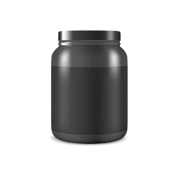 Vettore realistico 3d vaso di plastica nero, può con coperchio primo piano isolato su sfondo bianco. Modello di progettazione di proteine del siero di latte, polvere sportiva, vitamine, BCAA, pillole, tappi per Mockup. Vista frontale — Vettoriale Stock