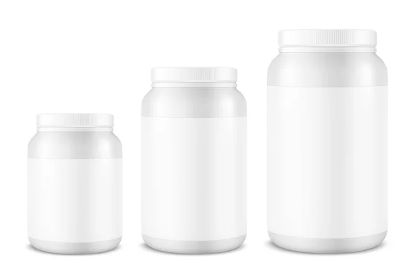 Vektor realistische 3D weiße Plastikdose, Dose mit Deckel Set Nahaufnahme isoliert auf weißem Hintergrund. Design-Vorlage aus Molkenprotein, Sportpuder, Vitaminen, Bcaa, Pillen, Mützen für Attrappen. Frontansicht — Stockvektor