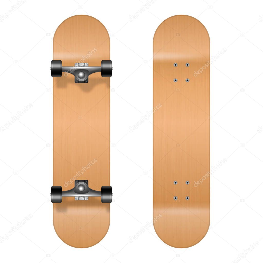 Skateboarding. Vector Realistic 3d Wooden Blank Skateboard Icon Set Closeup Isolated on White Background. Design Template of Skate Board Showing the Top and Bottom for Mockup. Top view