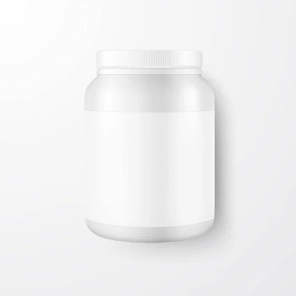 Вектор реалістичний 3d білим пластиком Глек, можна з кришкою крупним планом ізольовані на білому тлі. Шаблон оформлення Сироватковий протеїн, спорт порошок, вітаміни, Bcaa, таблетки, кепки макет. Вид зверху — стоковий вектор