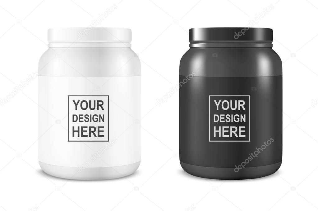 Vector Realistic White and Black Plastic Jar, Can with Lid Set Closeup Isolated on White Background. Design Template of Whey Protein, Sport Powder, Vitamins, BCAA, Pills, Caps for Mockup. Front View