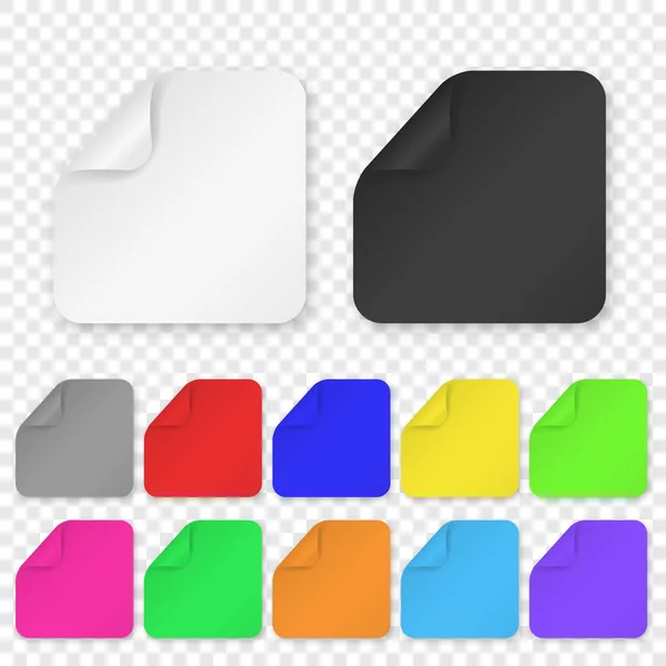 Vector Realistic 3d Square Adhesive Colored Blank Paper Sticker Icon Set Closeup Isolated on Transparent Background. Design Template of Paper Banners for Mockup, Price Tags, Labels — Stock Vector