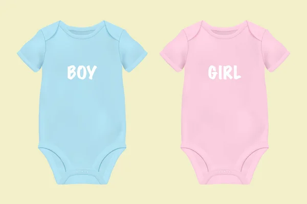 Векторный синий и розовый Blank Baby костюм, макияж на белом. Передняя и задняя стороны. Детские тела, детская рубашка, ползунки. Аксессуары, одежда для новорожденных. Вид сверху — стоковый вектор