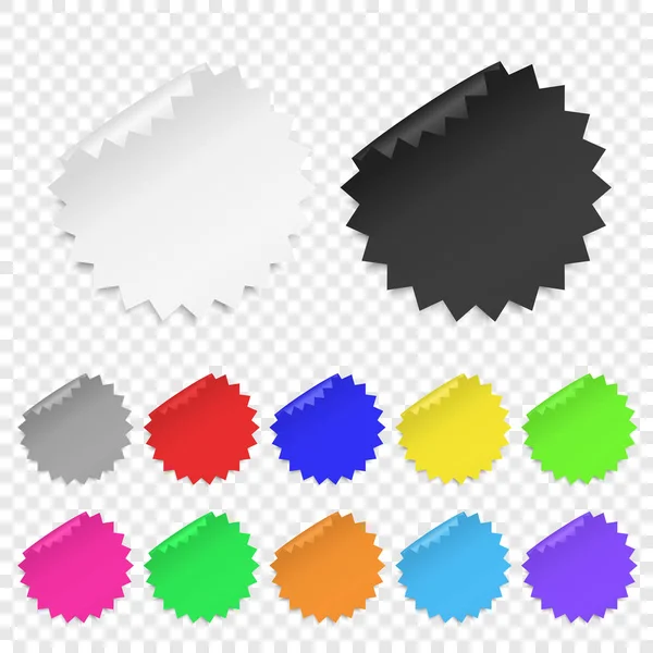 Vettore realistico 3d cerchio adesivo colorato bianco carta Adesivo Icona Set primo piano isolato su sfondo trasparente. Modello di design di banner di carta per Mockup, Prezzo Tag, Etichette — Vettoriale Stock