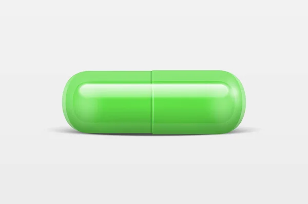 Vector 3D-realistische groene medische pil pictogram close-up geïsoleerd op een witte achtergrond. Ontwerpsjabloon van pillen, Capsules voor graphics, Mockup. Medisch en gezondheidszorg Concept. Vooraanzicht — Stockvector